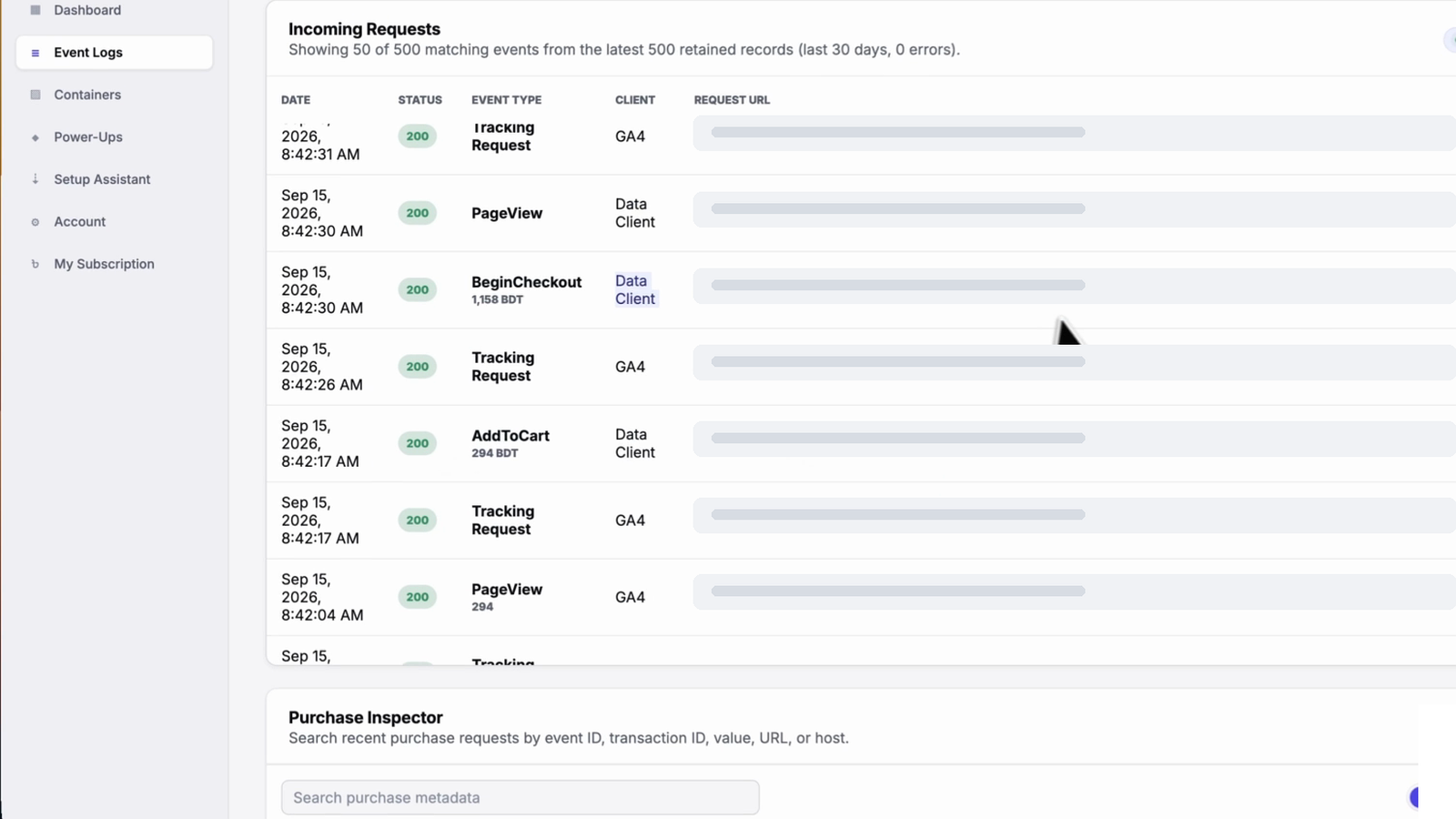 Tagioo Event Logs and Purchase Inspector interface with request URLs concealed.