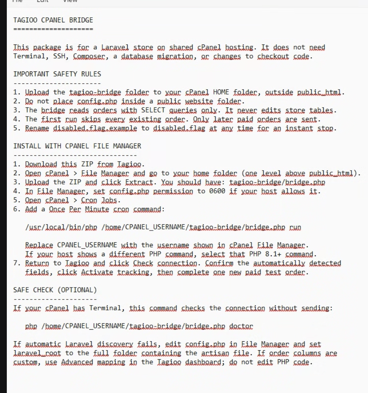 Tagioo cPanel Bridge README showing the safe installation location and Cron command